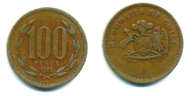 ЧИЛИ 100 ПЕСО 1989 ГЕНЕРАЛ БЕРНАРДО О ХИГГИНС KM 226.2 алюминевая бронза 35-1025