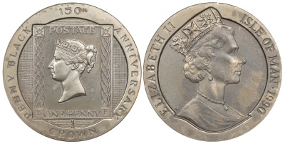 Остров Мэн 1 крона 1990 150 лет марке "Чёрный Пенни", в оригинальном картонном буклете KM 267 медно-никель 1077-1-23