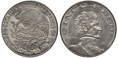 Мексика 5 песо 1977 Мо, Винсенте Герреро KM 472 медно-никель 4367-1041