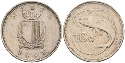 Мальта 10 центов 1991 золотая макрель KM 96 медно-никель 4588-228