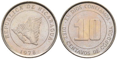 Никарагуа 10 сентаво 1978 карта страны KM 31 медно-никель  UNC  220-1223
