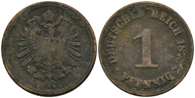 Германия 1 пфенниг 1875 A, Вильгельм I (1871-1888) KM 1, J. 1 медь 4602-139