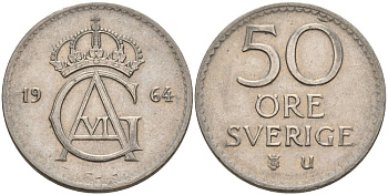 Швеция 50 эре 1964 U, Густав VI Адольф (1950-1973) KM 837 медно-никель 4380-447