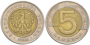 Польша 5 злотых 1994 MW Y 284 биметалл aUNC 4616-1012