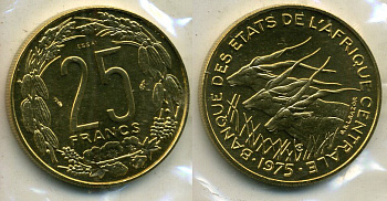 Центрально-Африканские штаты 25 франков 1974 пробник, ESSAI KM 10E алюминиевая бронза UNC 5010-743