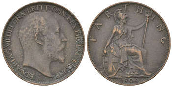 Великобритания 1 фартинг 1904 Эдуард VII (1901-1910) KM 792, Spink 3992 бронза 4617-843