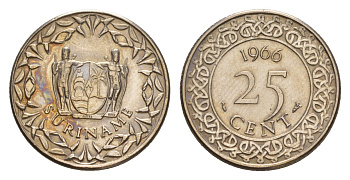 Суринам 25 центов 1966 KM 14 медно-никель 4649-1025