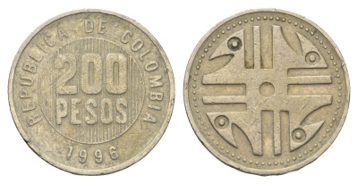 Колумбия 200 песо 1996 KM 287 медь цинк никель 4663-455
