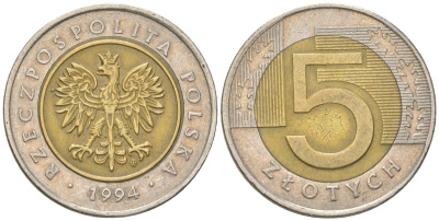 Польша 5 злотых 1994 MW Y 284 биметалл aUNC 4616-1012