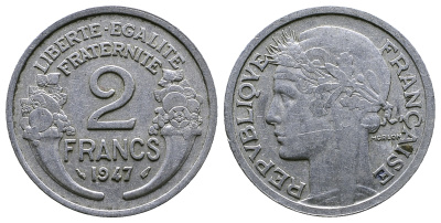 Франция 2 франка 1947 KM 886a.1 алюминий 261-717