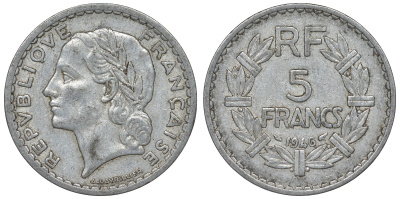 Франция 5 франков 1946 open 9 KM 888b.1, Le Franc 339.6 алюминий 4123-526