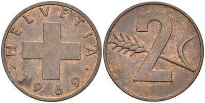 Швейцария 2 раппена 1969 KM 47 бронза 4592-625