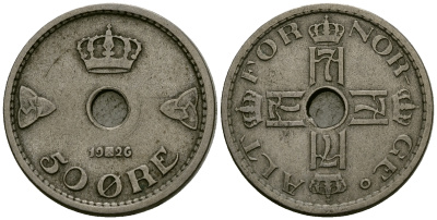 Норвегия 50 эре 1926 Хокон VII (1905-1957) KM 386 медно-никель 4563-236