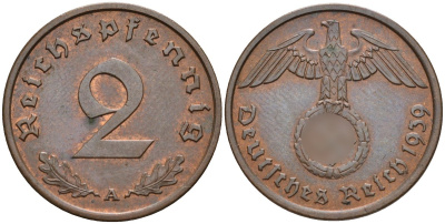 Германия 2 рейхспфеннига 1939 A KM 90, J. 362 бронза 4151-122