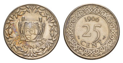Суринам 25 центов 1966 KM 14 медно-никель 4649-1025