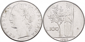 ИТАЛИЯ 100 ЛИР 1989 R, АФИНА У ОЛИВКОВОГО ДЕРЕВА KM 96.1 нержавеющая сталь 4545-734