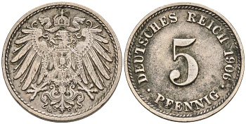 ГЕРМАНИЯ 5 ПФЕННИГОВ 1906 D, KM 11, J. 12 медно-никель 75-152