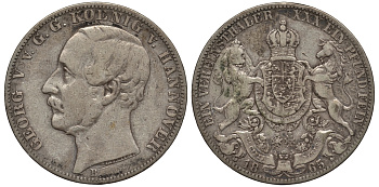 Брауншвейг-Каленберг-Ганновер 1 талер 1865 B, Георг V (1851-1866) KM 230, AKS 144, Dav. 682, Kahnt 239, Thun 174 серебро 1520-944