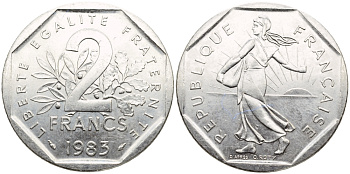 ФРАНЦИЯ 2 ФРАНКА 1983 СЕЯТЕЛЬ KM 942.1, LE FRANC 272.7 никель UNC 1526-1335