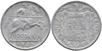 ИСПАНИЯ 10 СЕНТИМО 1945 РЫЦАРЬ НА КОНЕ KM 766 алюминий 110-925