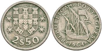 Португалия 2,5 эскудо 1964 парусник KM 590 медно-никель 4364-1345