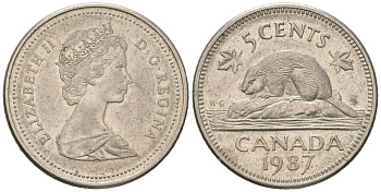 Канада 5 центов 1987 Елизавета II (1952-2022), бобер KM 60.2a медно-никель aUNC 4385-552