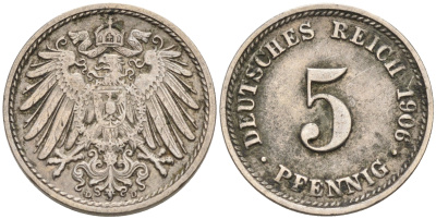 ГЕРМАНИЯ 5 ПФЕННИГОВ 1906 D, KM 11, J. 12 медно-никель 75-152