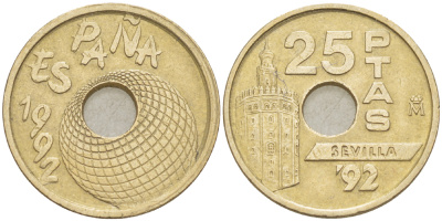 Испания 25 песет 1992 золотая башня в Севилье, EXPO 1992, Хуан Карлос I (1975-2014) KM 905 никель-бронза 216-731