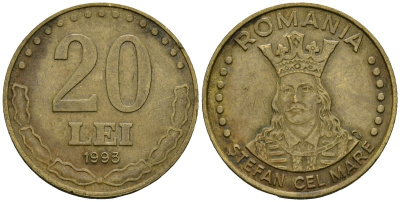 Румыния 20 леев 1993 KM 109 сталь плакированная латунью 4176-1246