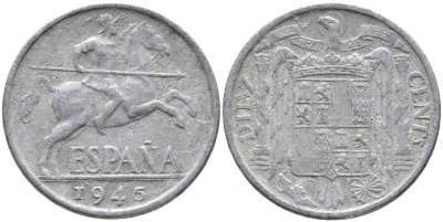 ИСПАНИЯ 10 СЕНТИМО 1945 РЫЦАРЬ НА КОНЕ KM 766 алюминий 110-925