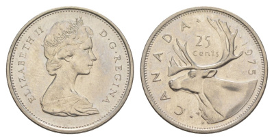 Канада 25 центов 1975 Елизавета II (1952-2022), олень KM 62b никель aUNC 4631-621
