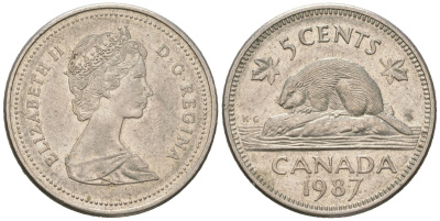 Канада 5 центов 1987 Елизавета II (1952-2022), бобер KM 60.2a медно-никель aUNC 4385-552