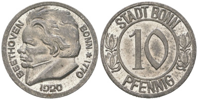 Бонн 10 пфеннигов 1920 Бетховен, Северный Рейн-Вестфалия Funck 51.1A, Men05 3220.1, Men18 4134.1 железо 4617-264