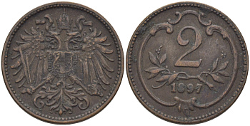 АВСТРИЯ 2 ГЕЛЛЕРА 1897 ФРАНЦ ИОСИФ (1846-1918) KM 2801 бронза 100-137