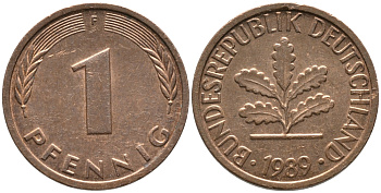 ФРГ 1 пфеннига 1989 F KM 105, J. 380 сталь плакированная медью 99-1264