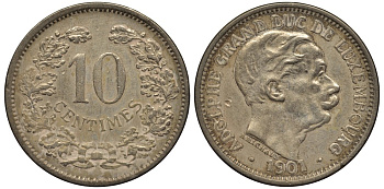 ЛЮКСЕМБУРГ 10 САНТИМОВ 1901 ВЕЛИКИЙ ГЕРЦОГ АДОЛЬФ (1890-1905) КМ 25 медно-никель 4538-726