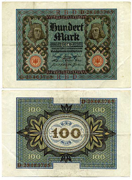 Германия 100 марок 1920 Бамбергский всадник, 8 цифр в номере, серия D, буква I Pick 69 b, Розенберг 67b бумага 7198-28-2-2