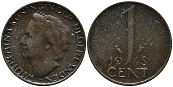 Нидерланды 1 цент 1948 Вильгельмина (1890-1948), год тип KM 175 бронза 3458-248