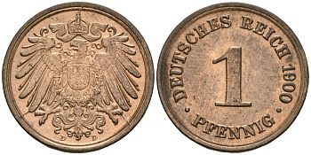 Германия 1 пфенниг 1900 D, Вильгельм II (1888-1918) KM 10, J. 10 медь 4608-569