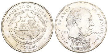 Либерия 1 доллар 1993 В память о Вилли Брандте UC 100 медно-никель BU 00-1067-2-41