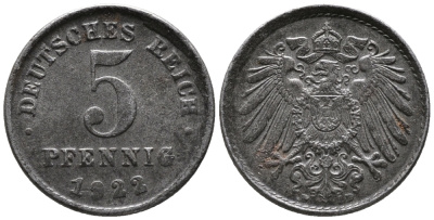 ГЕРМАНИЯ 5 ПФЕННИГОВ 1922 D KM 19, J. 297 железо 39-311