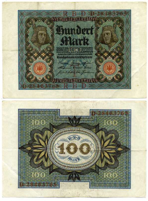 Германия 100 марок 1920 Бамбергский всадник, 8 цифр в номере, серия D, буква I Pick 69 b, Розенберг 67b бумага 7198-28-2-2