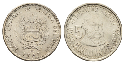 Перу 5 инти 1987 LIMA, Мигель Грау KM 300 медно-никель UNC 3334-526