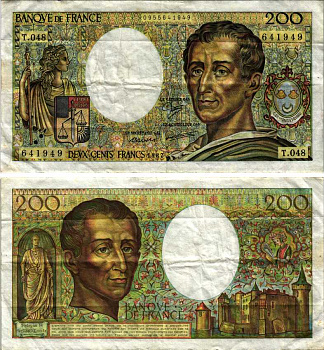 ФРАНЦИЯ 200 ФРАНКОВ 1987 ШАРЛЬ ЛУИ де МОНТЕСКЬЁ Pick 155b бумага 7183-17-3-2