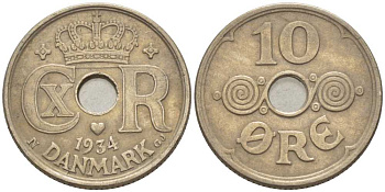 ДАНИЯ 10 ЭРЕ 1934 N ; GJ, КРИСТИАН X (1912-1947) KM 822.2 медно-никель 4383-121