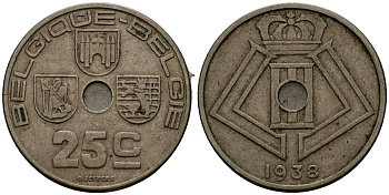 Бельгия 25 сантимов 1938 Belgique - Belgie KM 114 никель латунь 4383-826