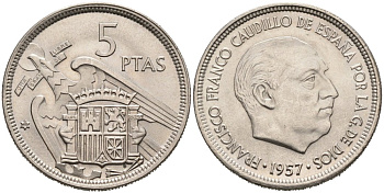 Испания 5 песет 1957(68) Франсиско Франко (1939-1975) KM 786 медно-никель 4571-1222