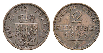 Пруссия 2 пфеннига 1867 B, Вильгельм I (1861-1888) KM 481 медь 4655-1062