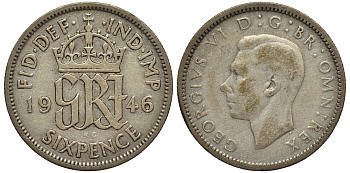 Великобритания 6 пенсов 1946 Георг VI (1936-1952) KM 852, Spink 4084 серебро 4538-624