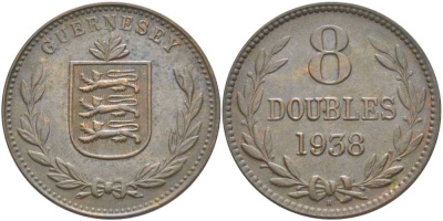 Гернси 8 даблов (дублей) 1938 KM 14 бронза 3996-544